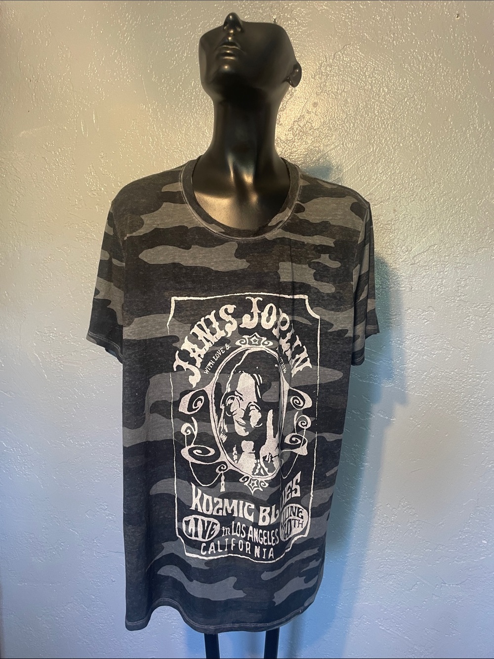 Lucky Brand Black and Gray Camo Janis Joplin Graphic Tee